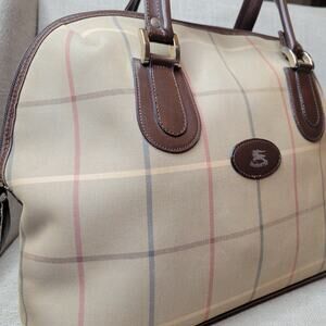 VTG 80s Burberrys Authentic Tan Check Plaid Leather Dome Satchel Handbag England